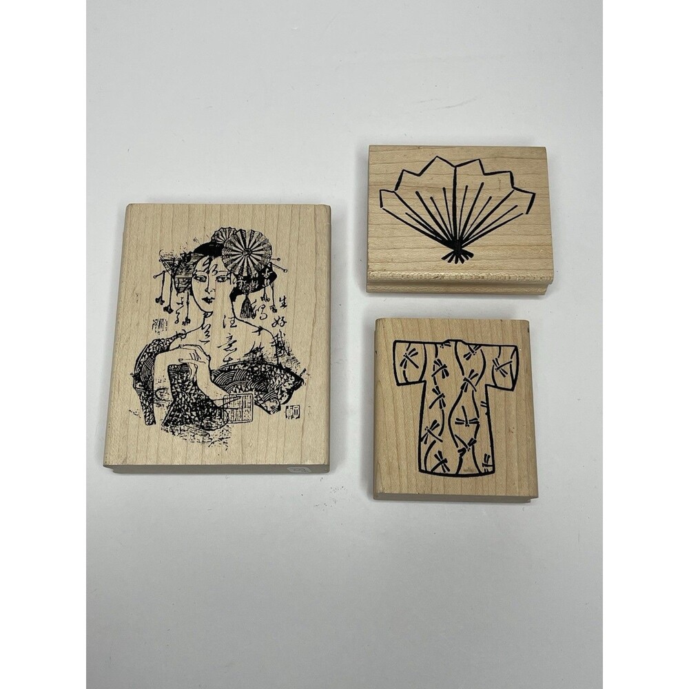 Wood Mounted Rubber Stamp Lot Of 3 Geisha Asian Takeout Food Girl Kimono